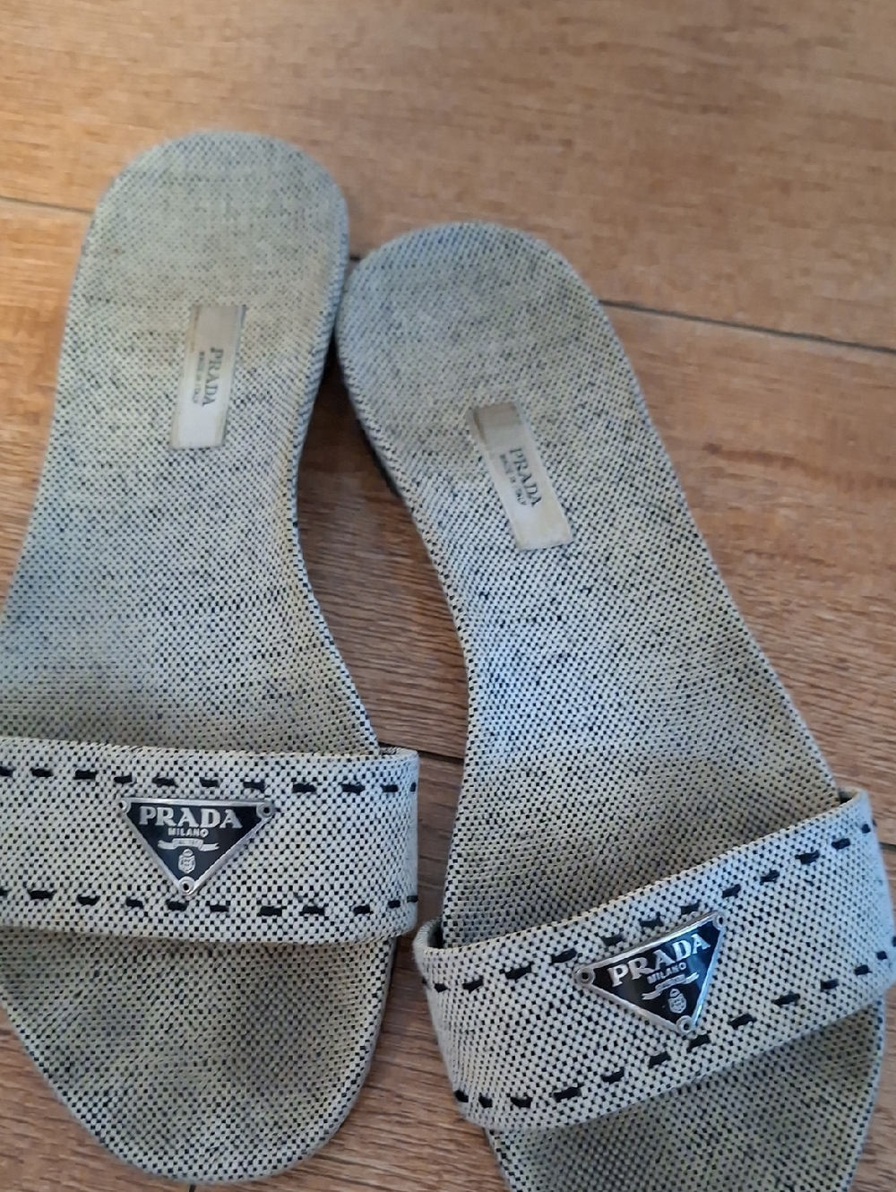 Prada Beige Canvas Logo Slide Sandals
